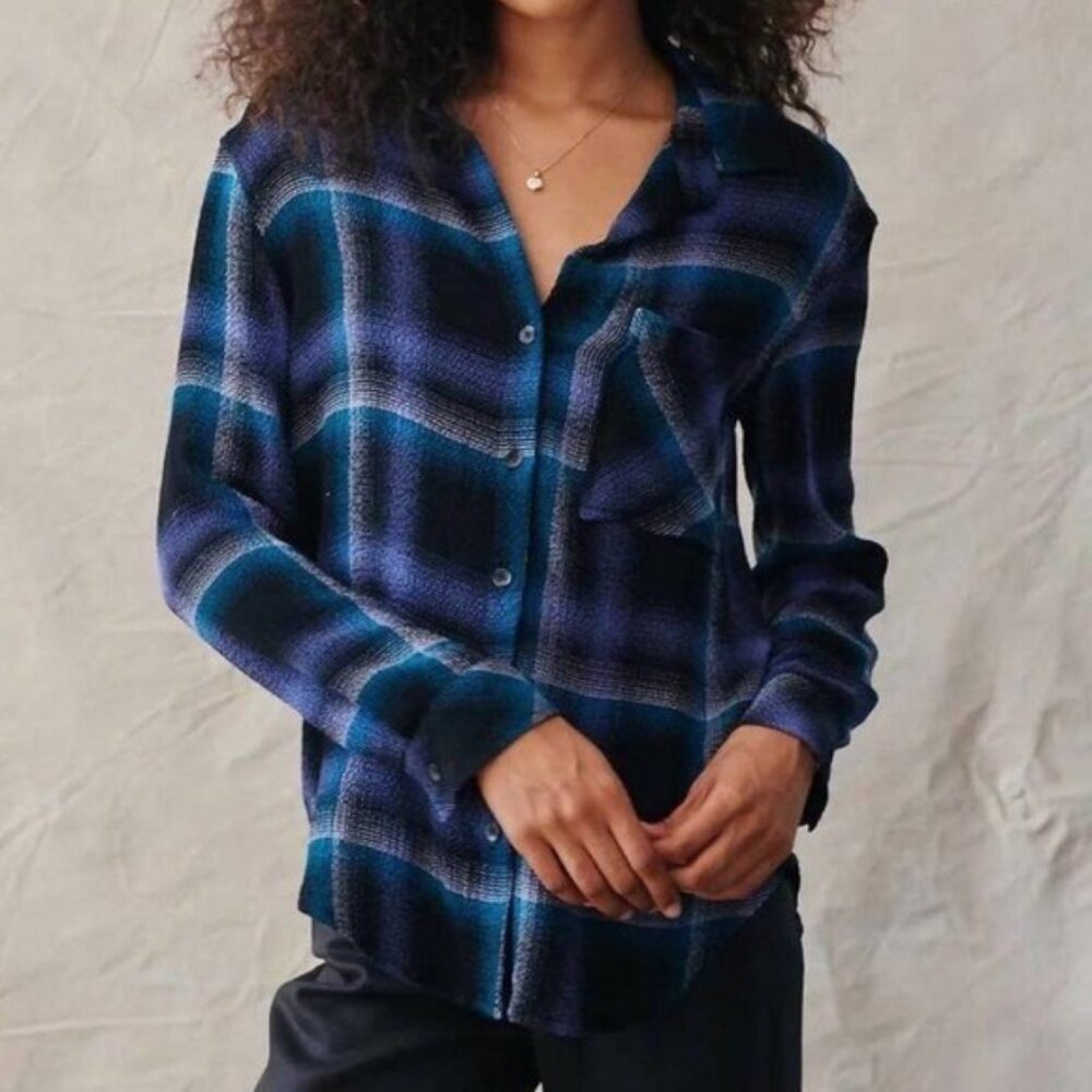 BELLA DAHL Oversize Plaid Flannel Shirt XS Purple Blue Plaid Combo Rayon Blend